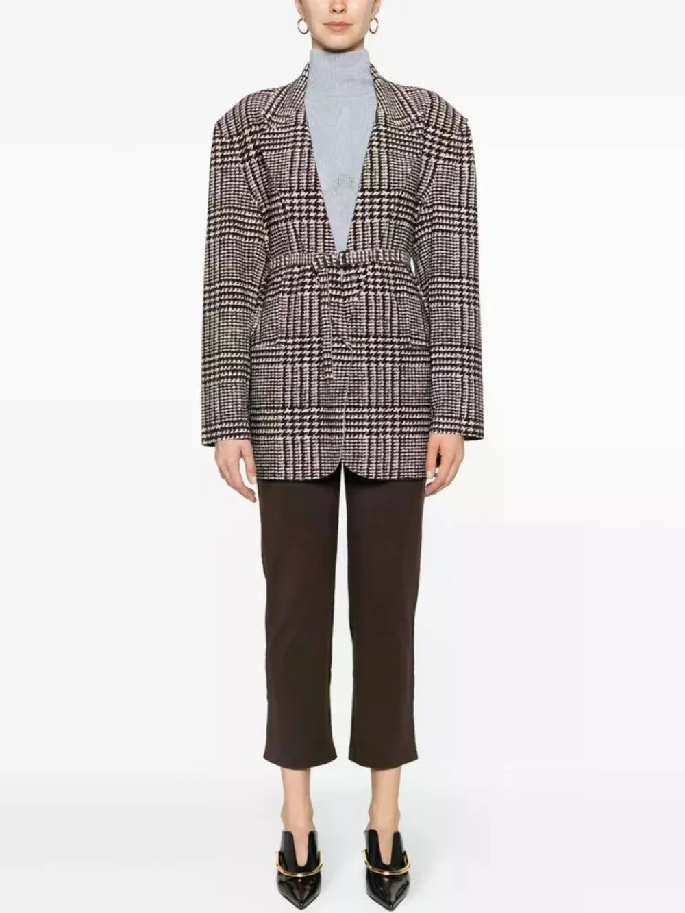 Norma Kamali Chocolate Brown and White Tweed Plaid Check Print Jacket